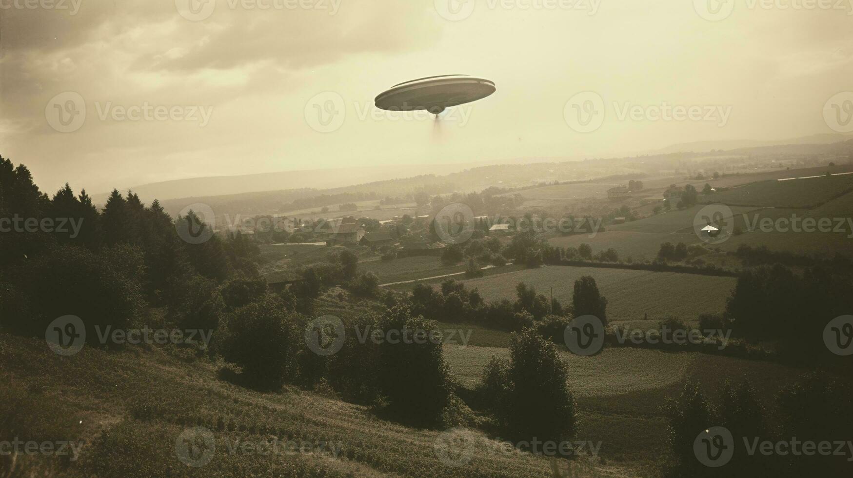 Generative AI, UFO over the Italian landscape vintage photo, aliens witnesses retro 1930s style photography photo