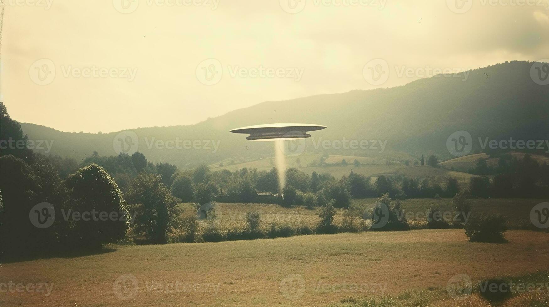 Generative AI, UFO over the Italian landscape vintage photo, aliens witnesses retro 1930s style photography photo