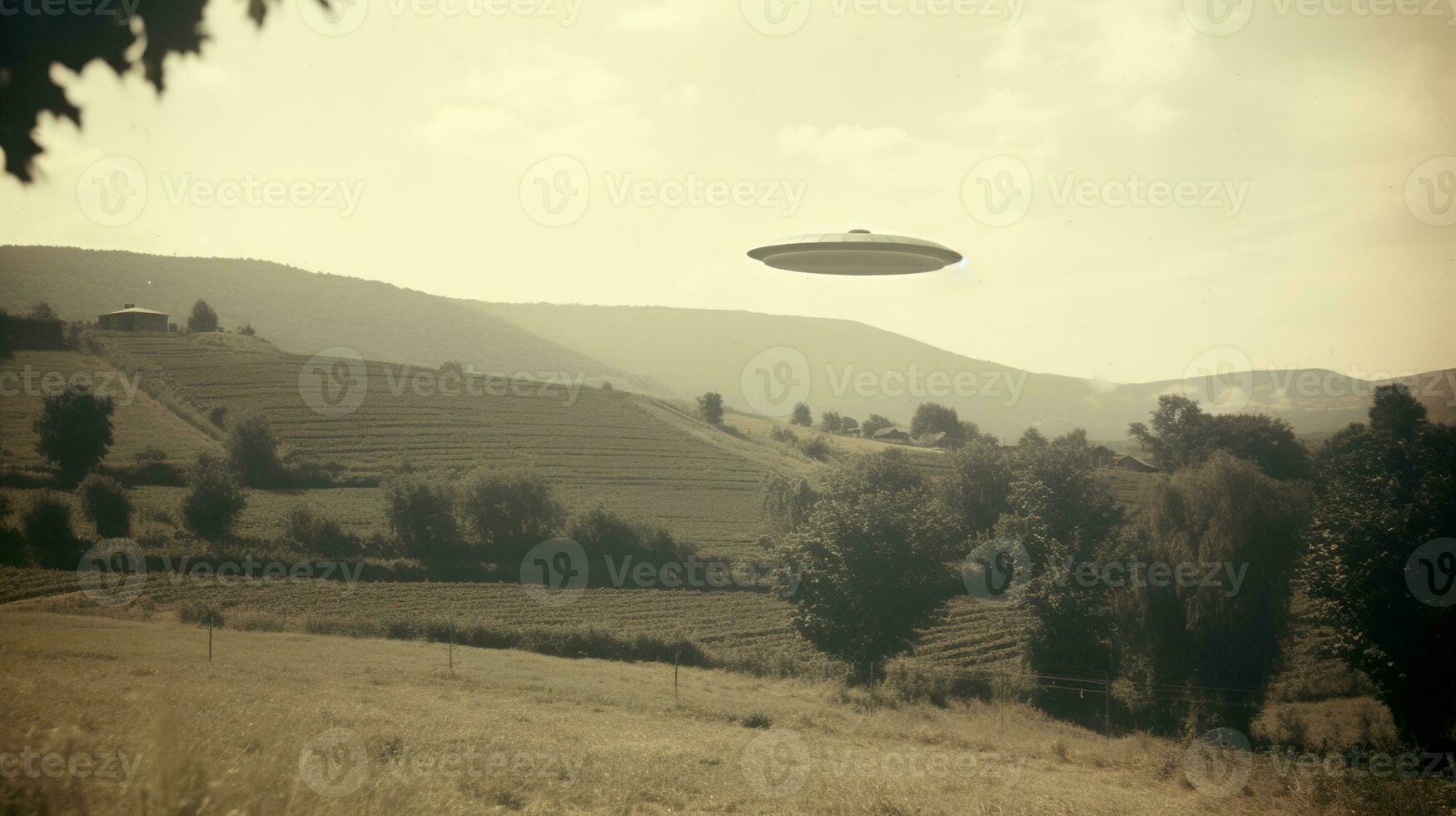 Generative AI, UFO over the Italian landscape vintage photo, aliens witnesses retro 1930s style photography photo