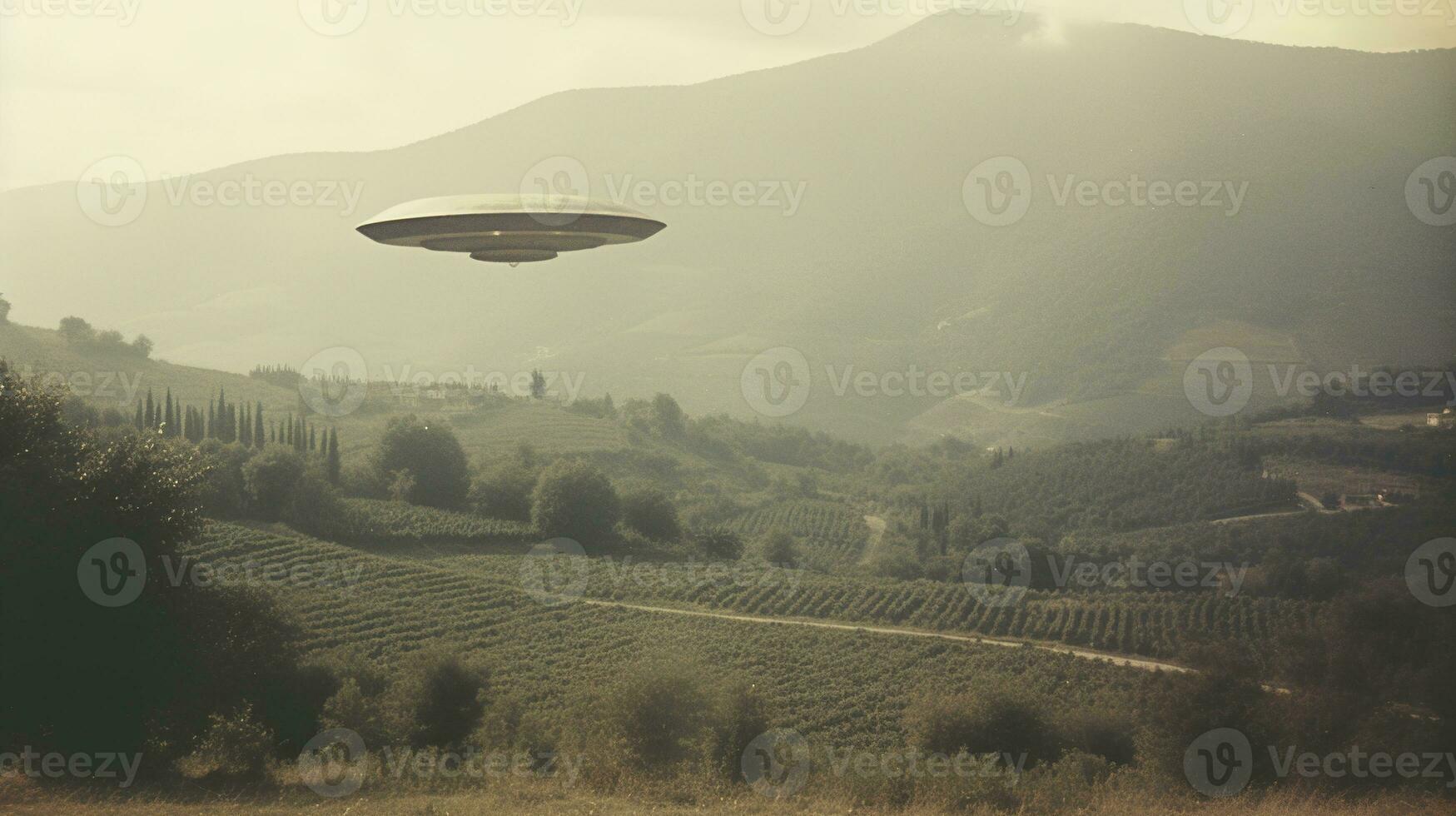 Generative AI, UFO over the Italian landscape vintage photo, aliens witnesses retro 1930s style photography photo