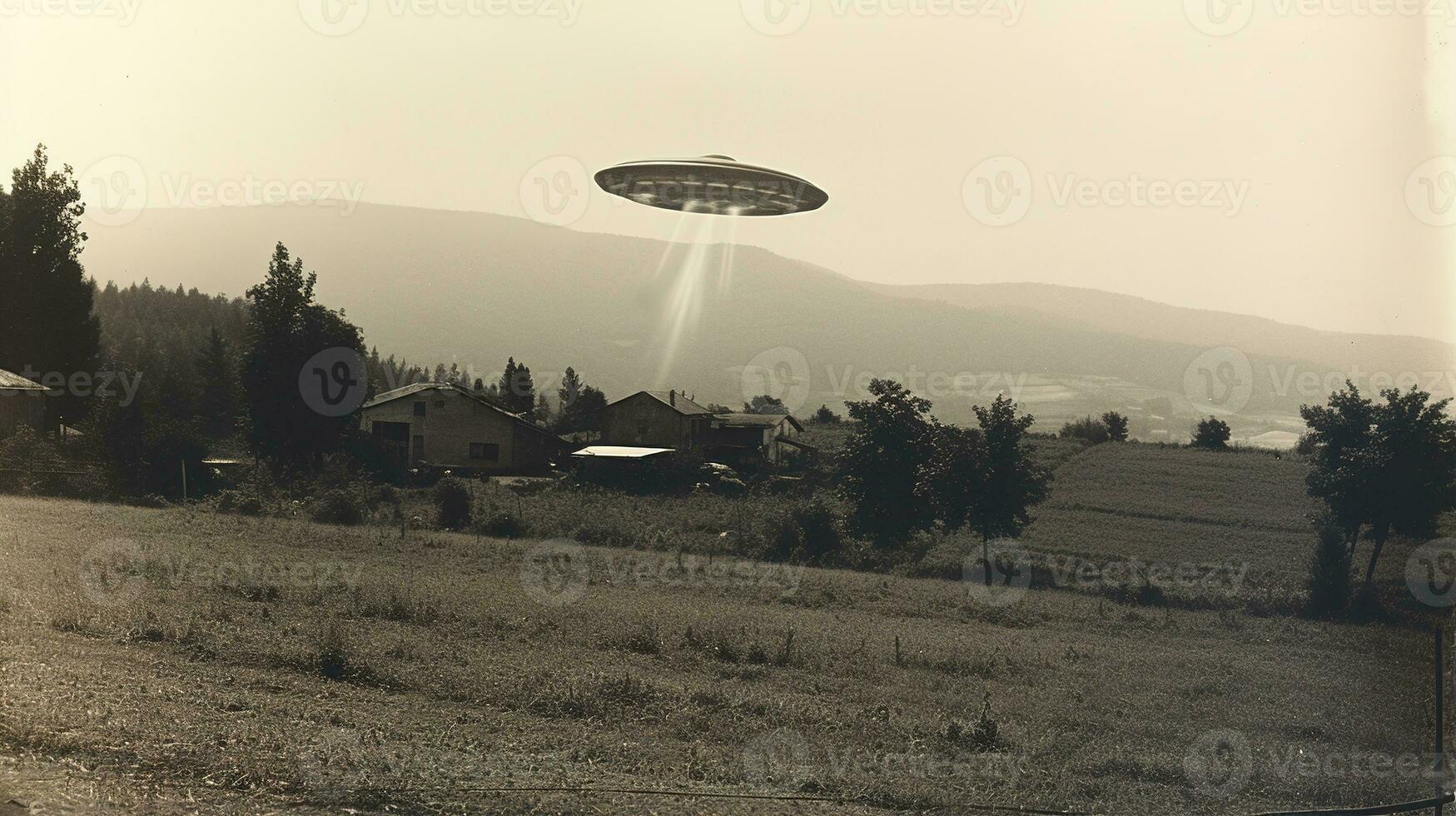 Generative AI, UFO over the Italian landscape vintage photo, aliens witnesses retro 1930s style photography photo