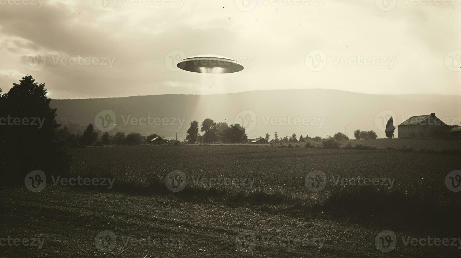 Generative AI, UFO over the Italian landscape vintage photo, aliens witnesses retro 1930s style photography photo