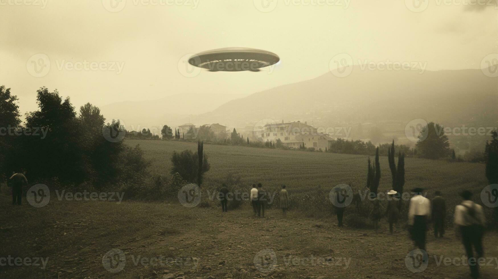 Generative AI, UFO over the Italian landscape vintage photo, aliens witnesses retro 1930s style photography photo