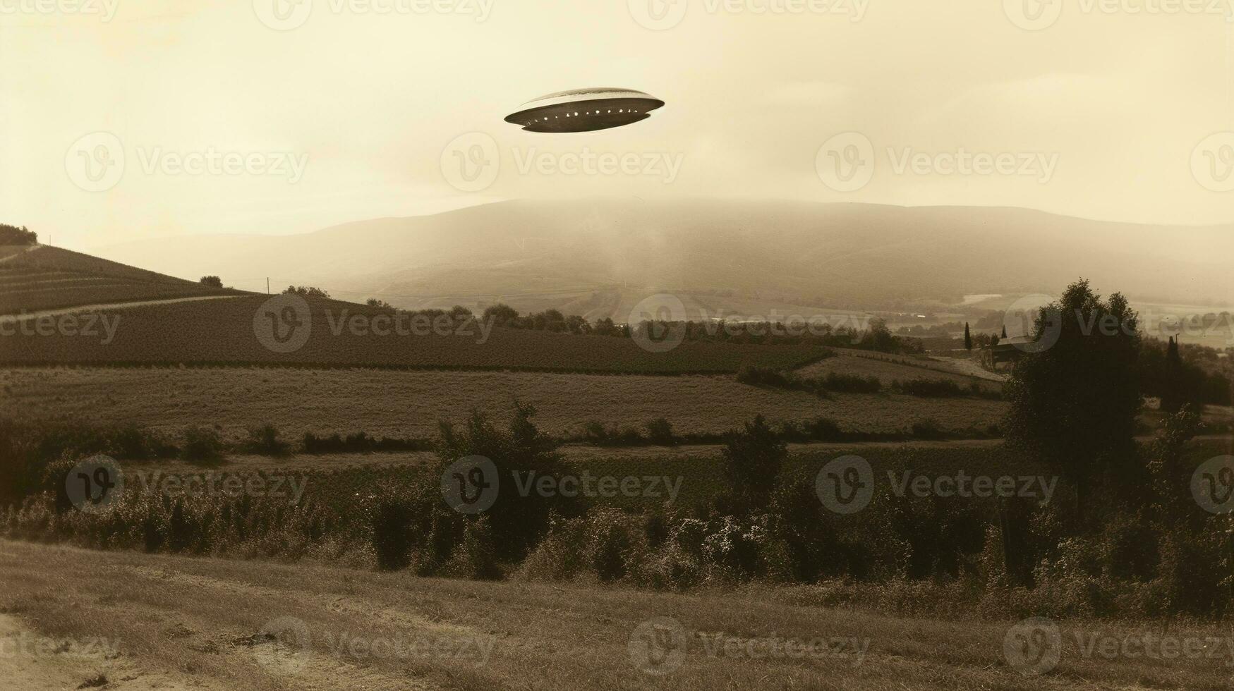 Generative AI, UFO over the Italian landscape vintage photo, aliens witnesses retro 1930s style photography photo