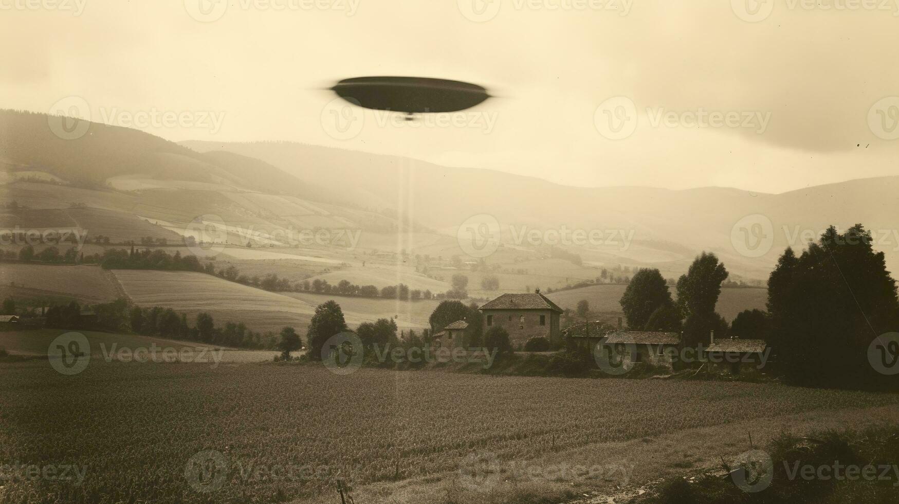 Generative AI, UFO over the Italian landscape vintage photo, aliens witnesses retro 1930s style photography photo