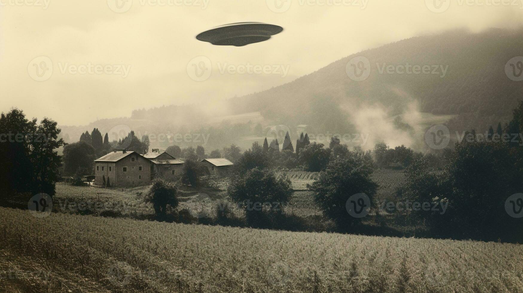 Generative AI, UFO over the Italian landscape vintage photo, aliens witnesses retro 1930s style photography photo