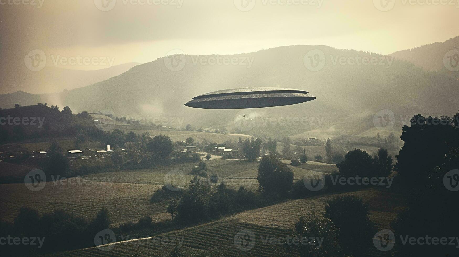 Generative AI, UFO over the Italian landscape vintage photo, aliens witnesses retro 1930s style photography photo