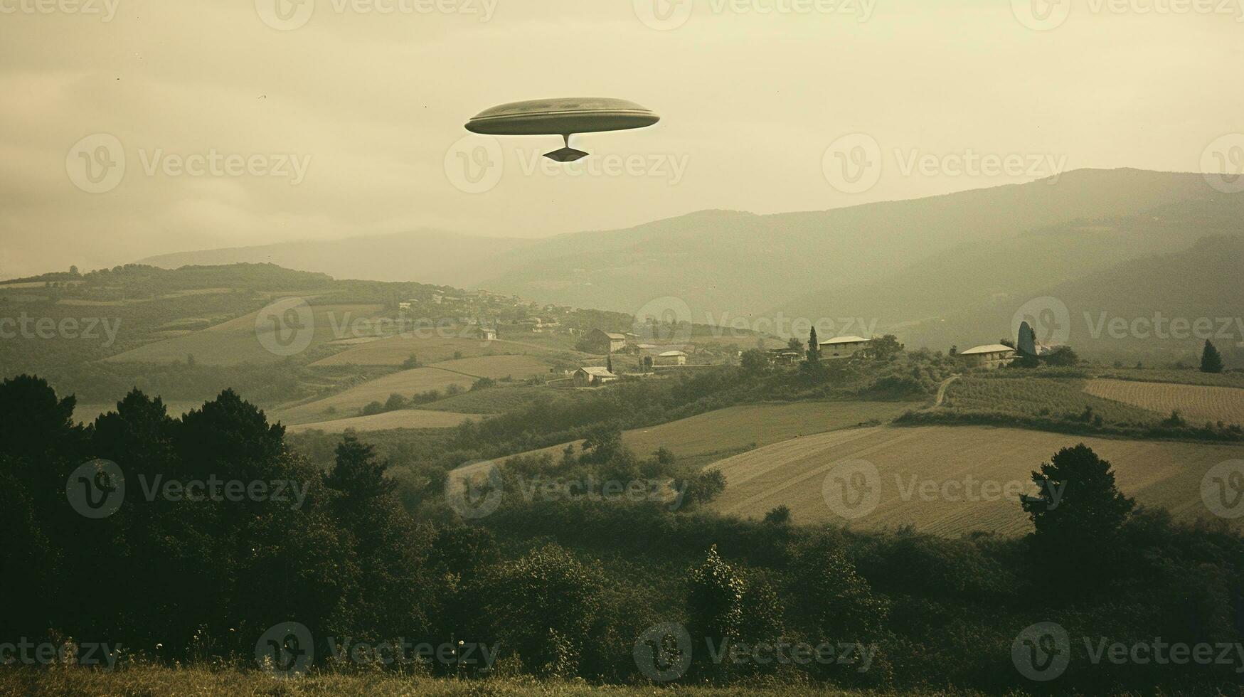 Generative AI, UFO over the Italian landscape vintage photo, aliens witnesses retro 1930s style photography photo