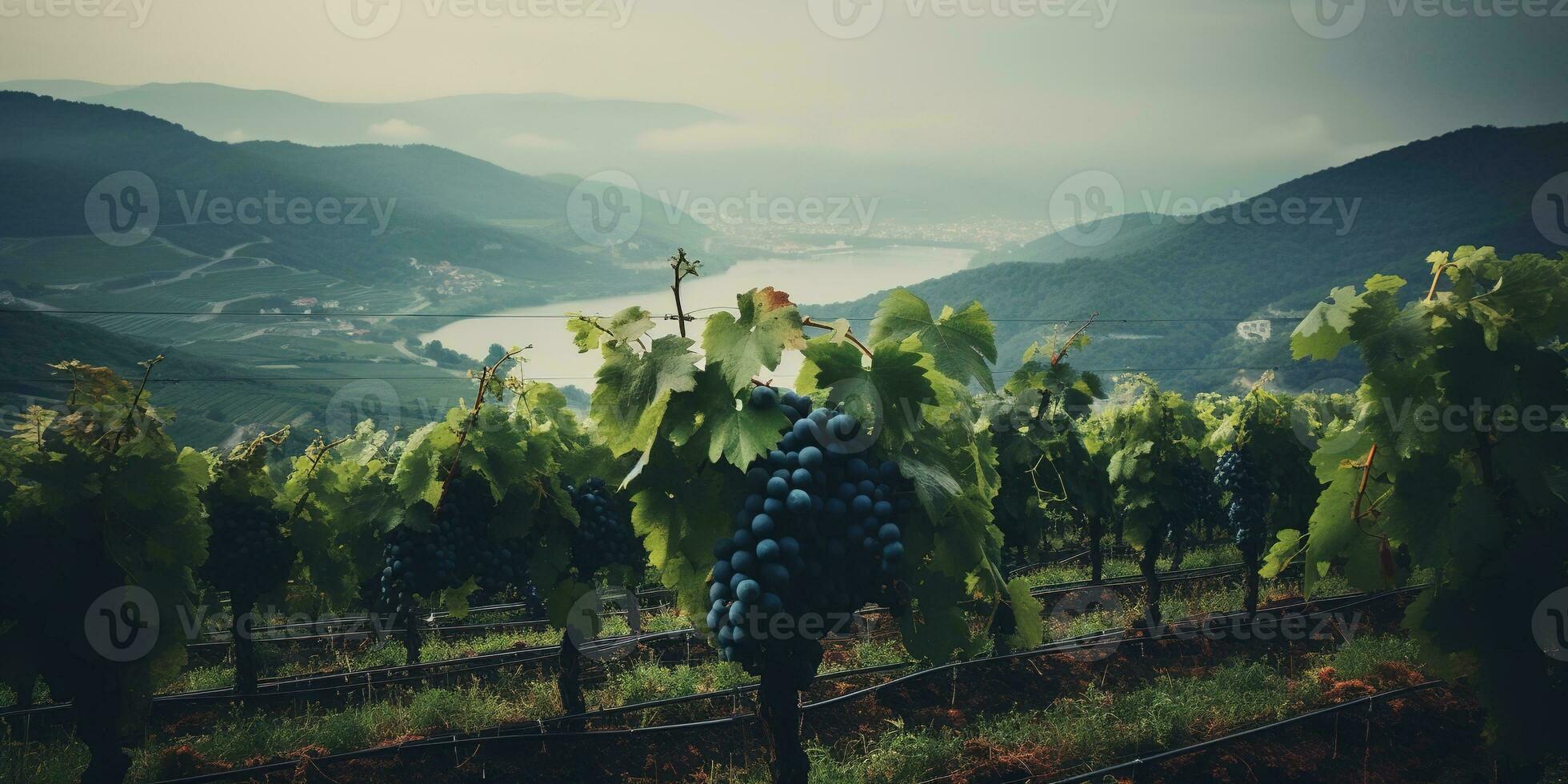 Generative AI, beautiful Italian vineyard, green landscape. Rows of vines on sunset photo