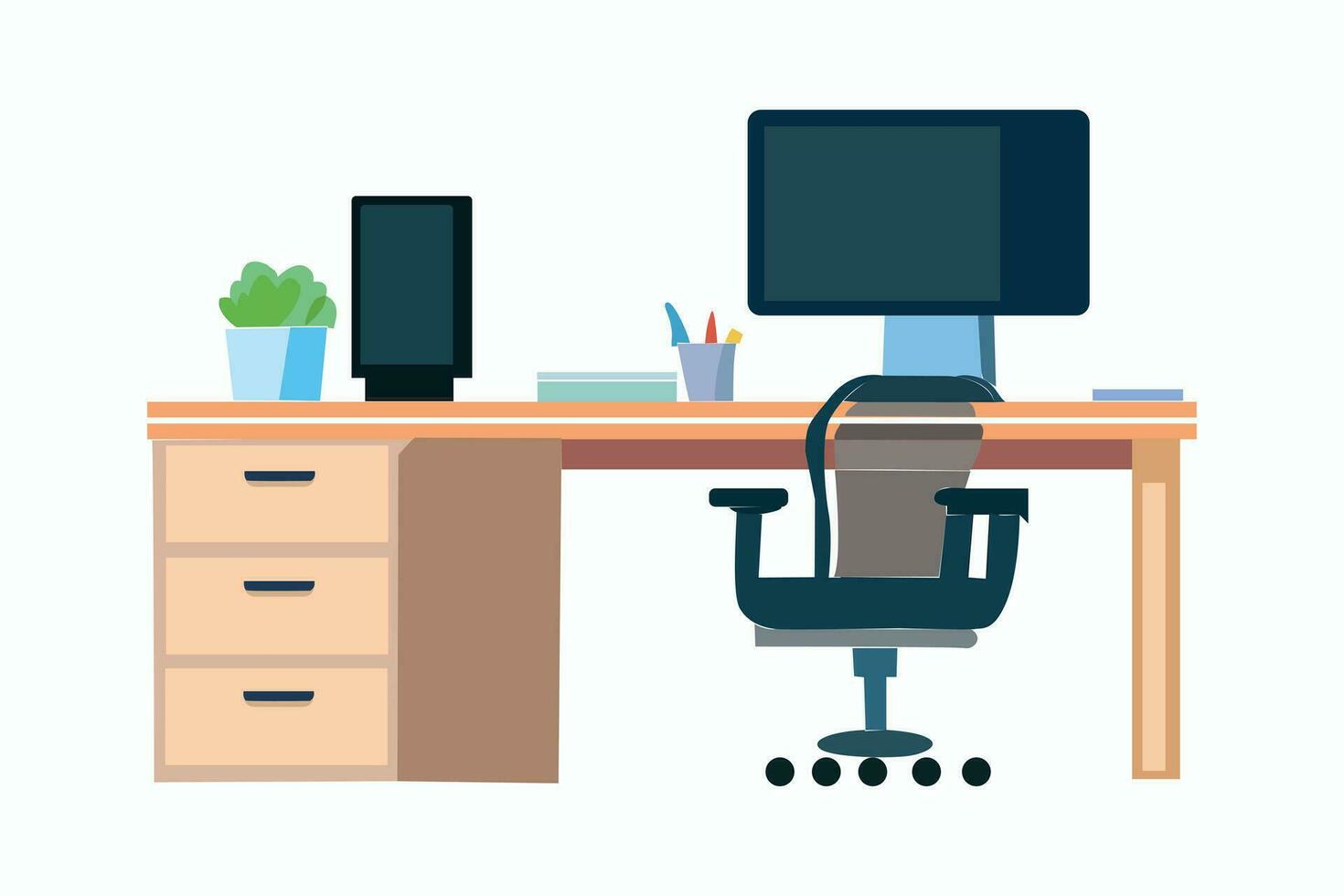 Office table or desk with computer and chair. components of business interior design. Image in vector format.