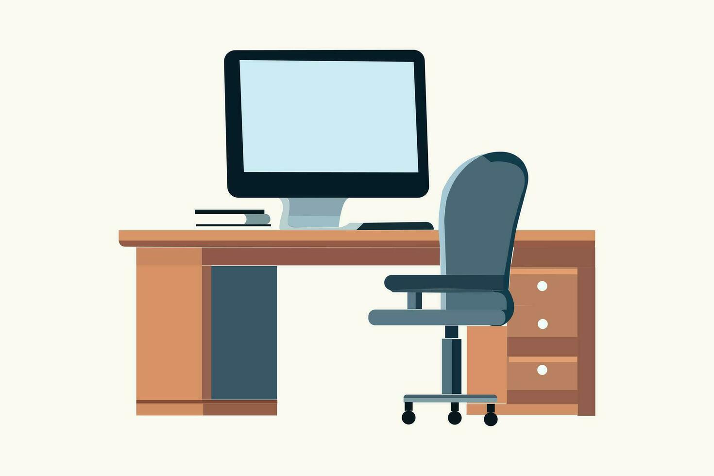 Office furniture is depicted in a cartoonish, flat style. Bedside tables, chairs, lamps, notice boards, laptops, and books vector