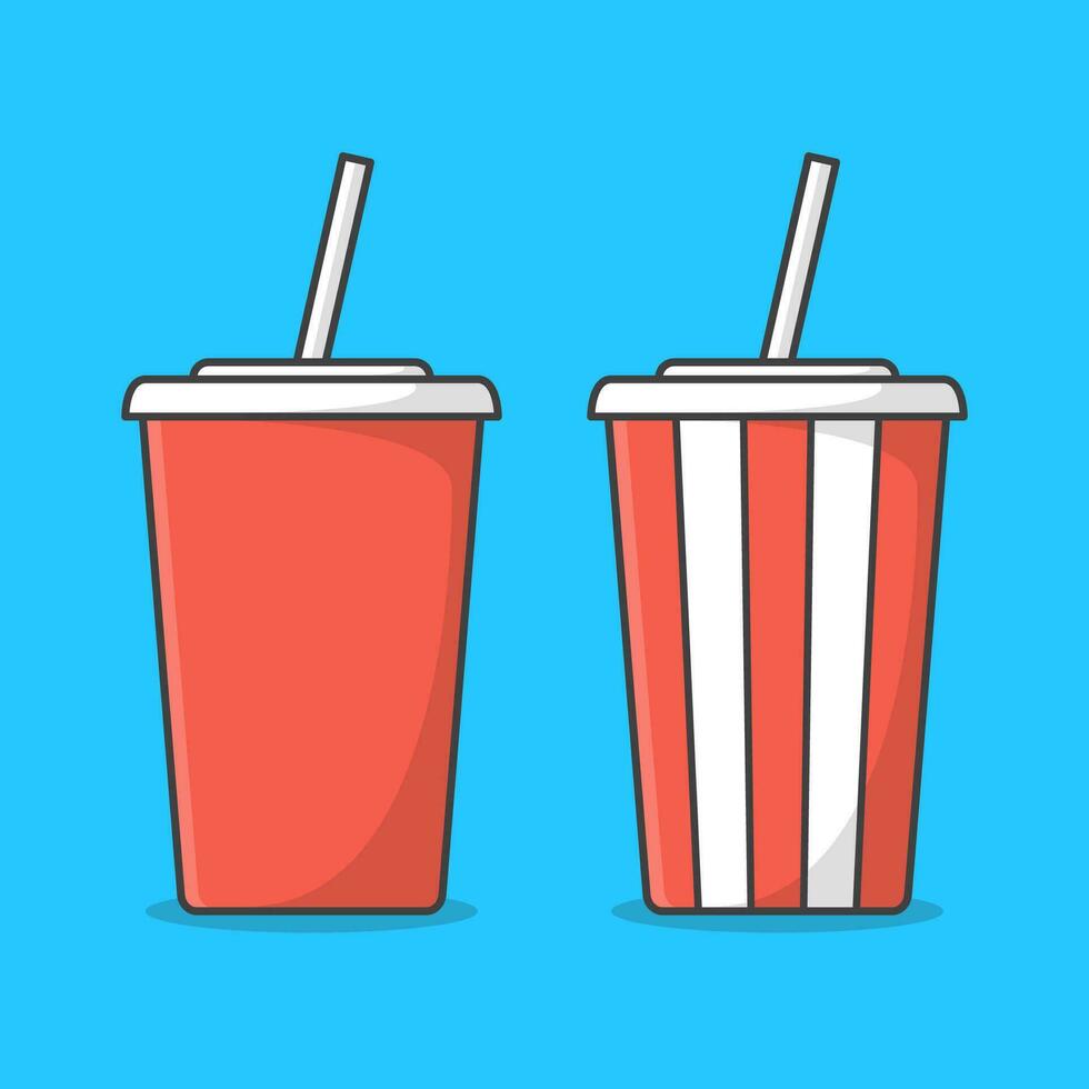 Set Of Soda Cup With Straw Vector Icon Illustration. Red And White Cup For Soda Or Cold Beverage. Disposable Soda Cup