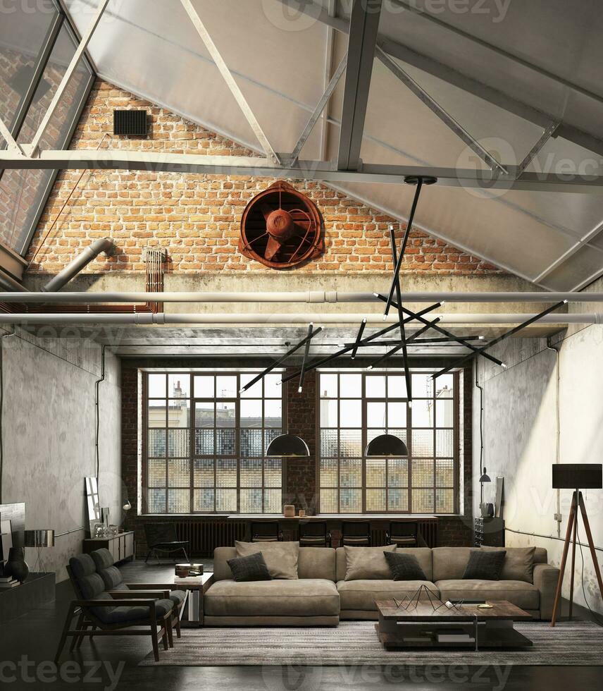 3d Render of an old industrial Livingroom with concrete and brick walls. Big window with natural light. Brown sofas and black armchirs with low table and carpet. photo