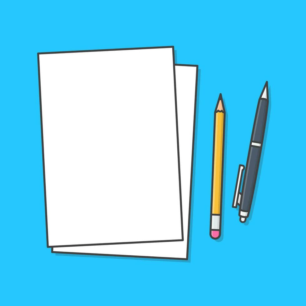 Paper Sheets With Pencil And Pen Vector Icon Illustration. Blank Note Paper Flat Icon