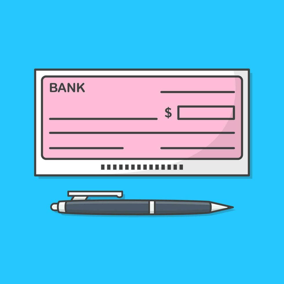 banco cheque o banco cheque con bolígrafo vector icono ilustración. blanco cheque plano icono