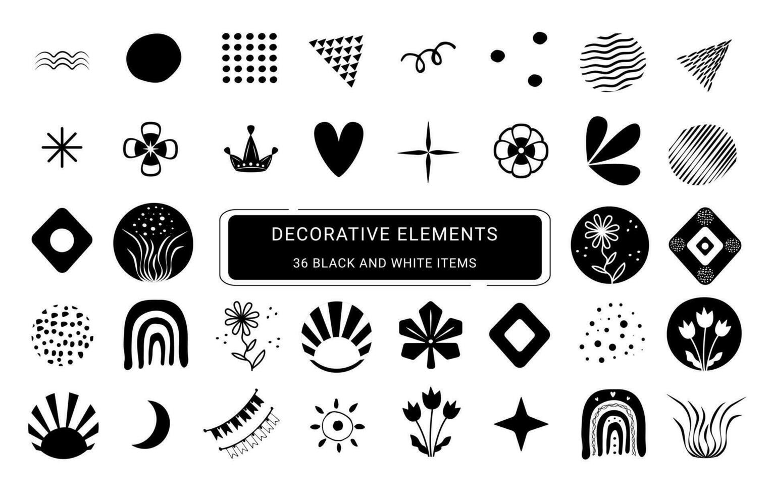 Decorative elements icon set, black and white items vector