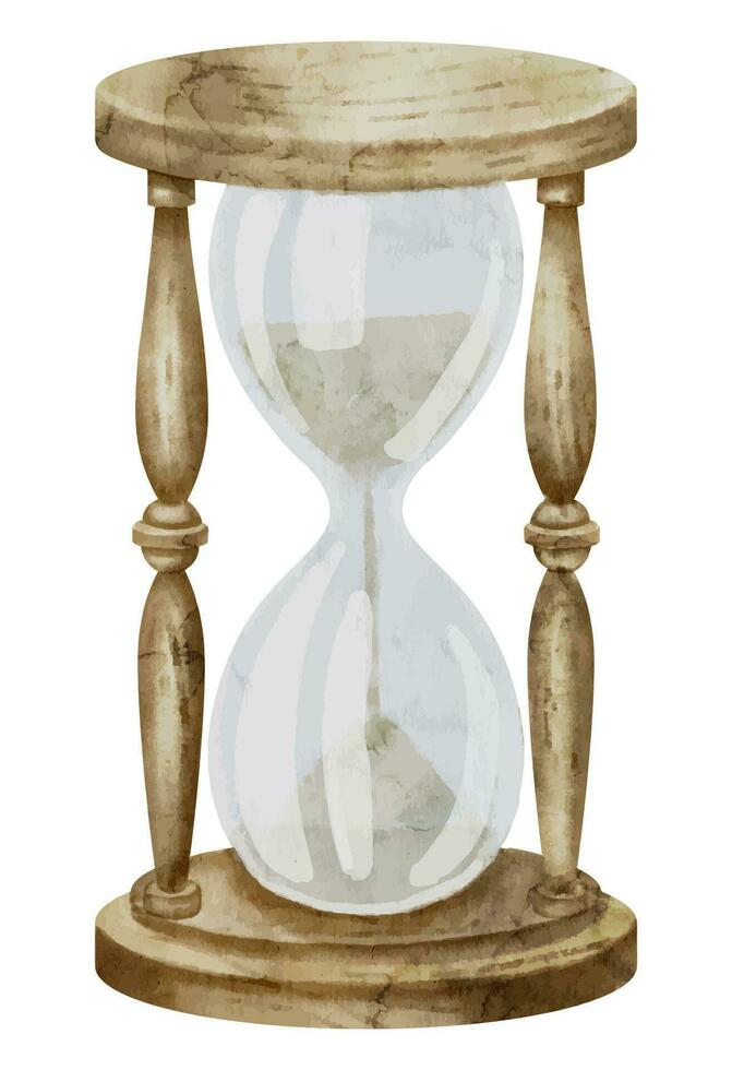 Hourglass on white isolated background. Watercolor illustration of antique Sandglass. Hand drawn clip art of a vintage sand Clock. Drawing of retro hour glass. Sketch of old timer for countdown vector