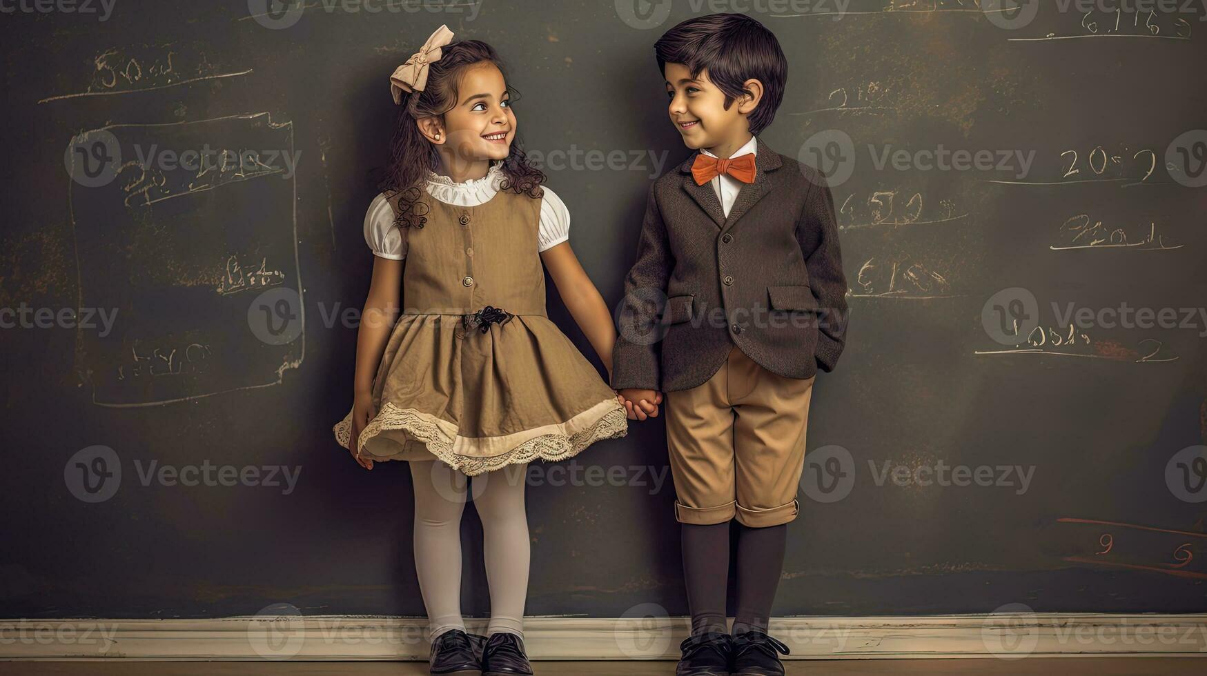 colegio alumno, chico y niña en pie en frente de negro tablero. colegio niños Pareja. generado ai. foto