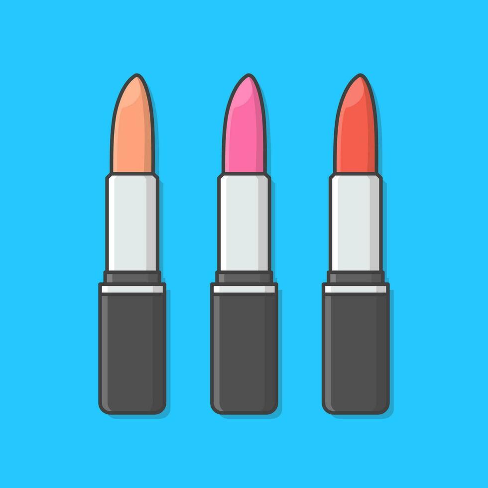 Lipsticks In Different Color Vector Icon Illustration. Make Up Beauty Product. Lipstick Packaging Icon