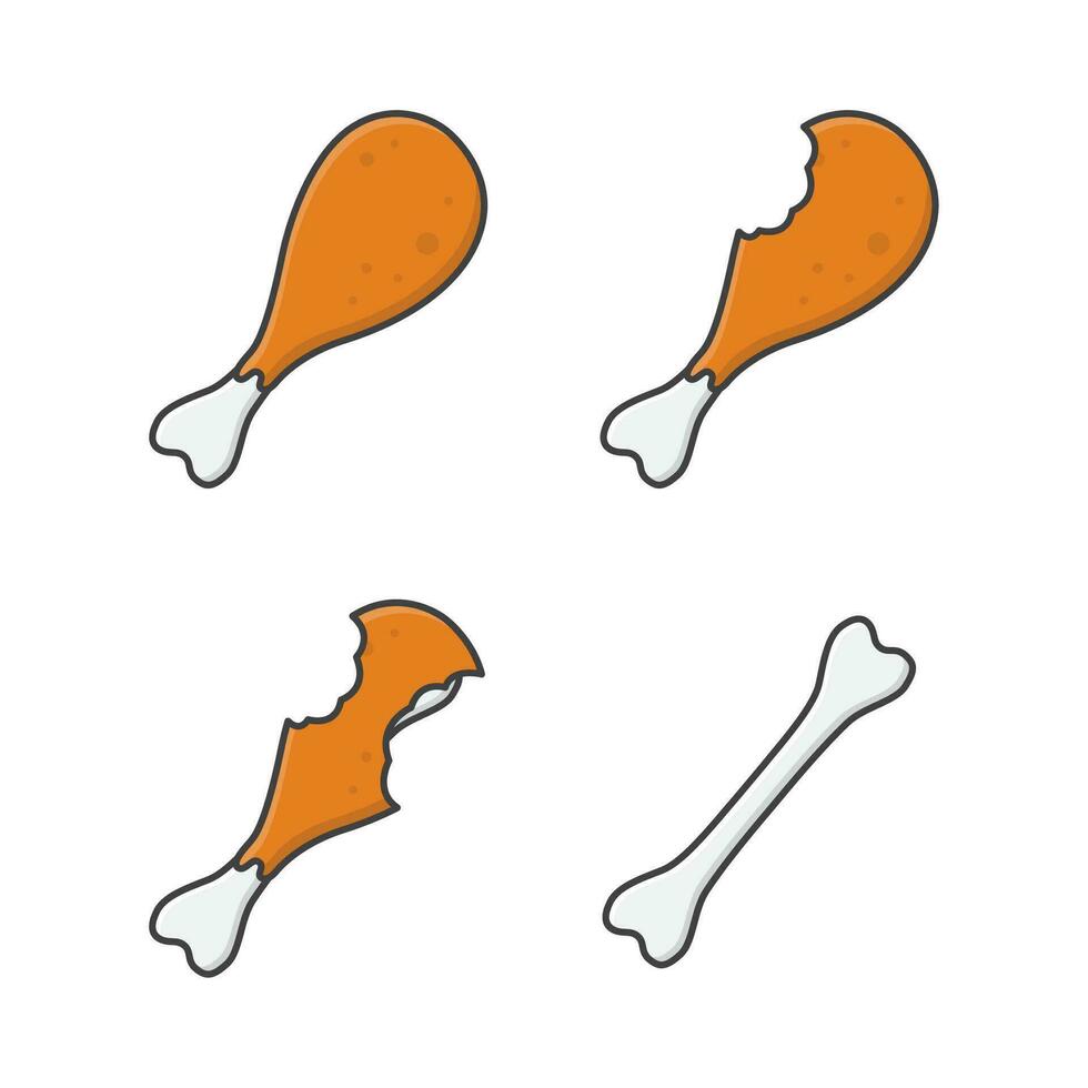Set Of Bitten Fried Chicken Leg Vector Icon Illustration. Chicken Thighs Icon. Fast Food Fried Drumpstick
