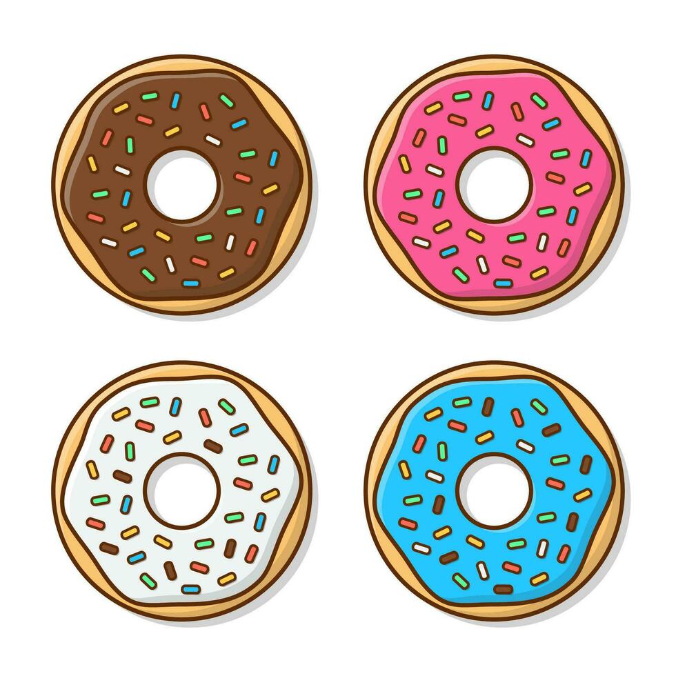 Set Of Tasty Donuts With Glaze Vector Icon Illustration. Cute, Colorful And Glossy Donuts With Glaze And Powder