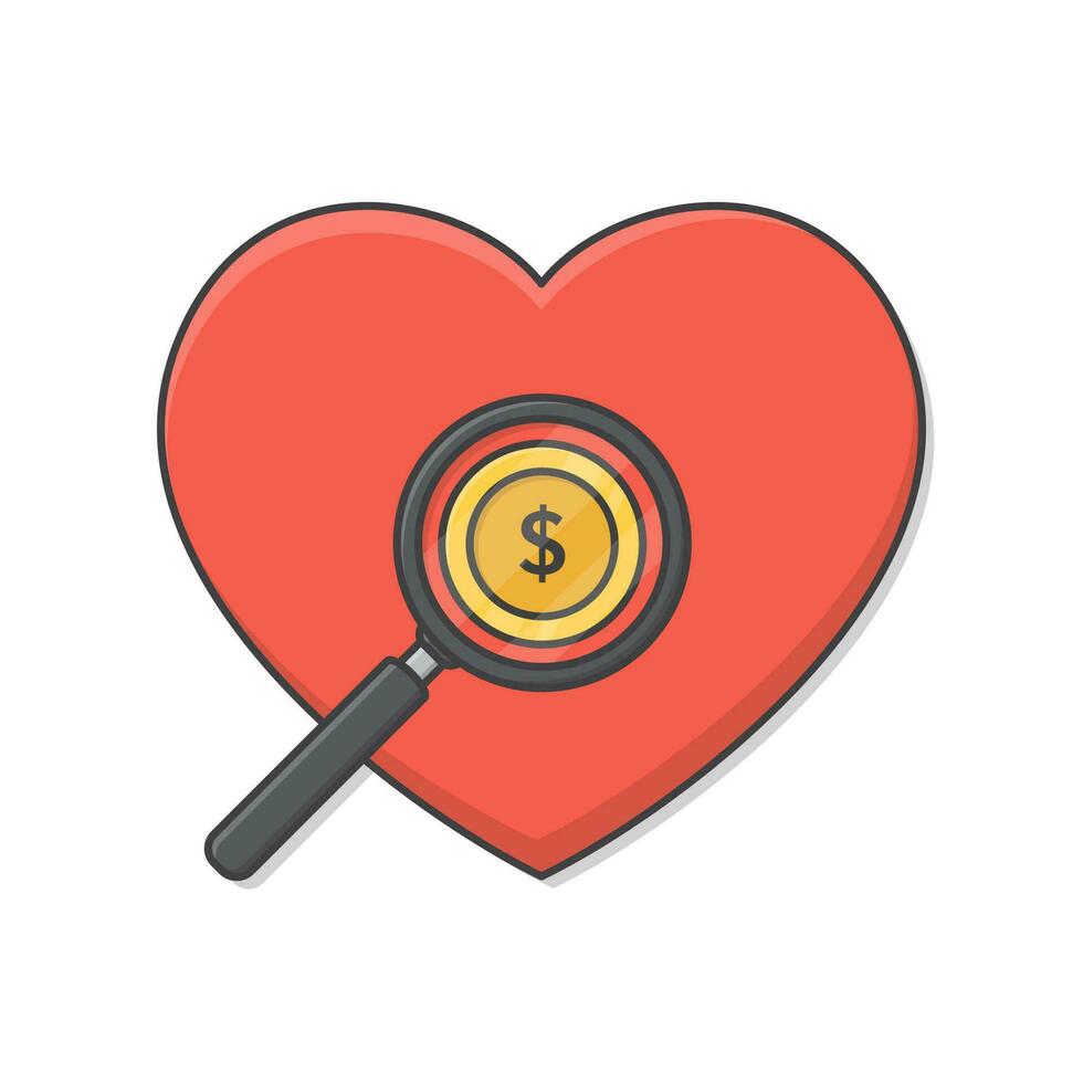 Love For Money Concept Vector Icon Illustration. Magnifying Glass Focused On Big Red Heart Flat Icon