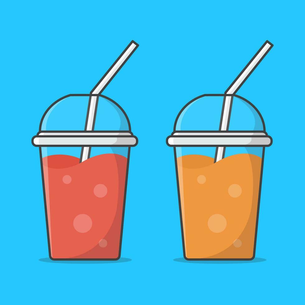 Set Of Juice Or Milkshake In Takeaway Plastic Cup Vector Icon Illustration. Cold Drinks In Plastic Cups With Ice