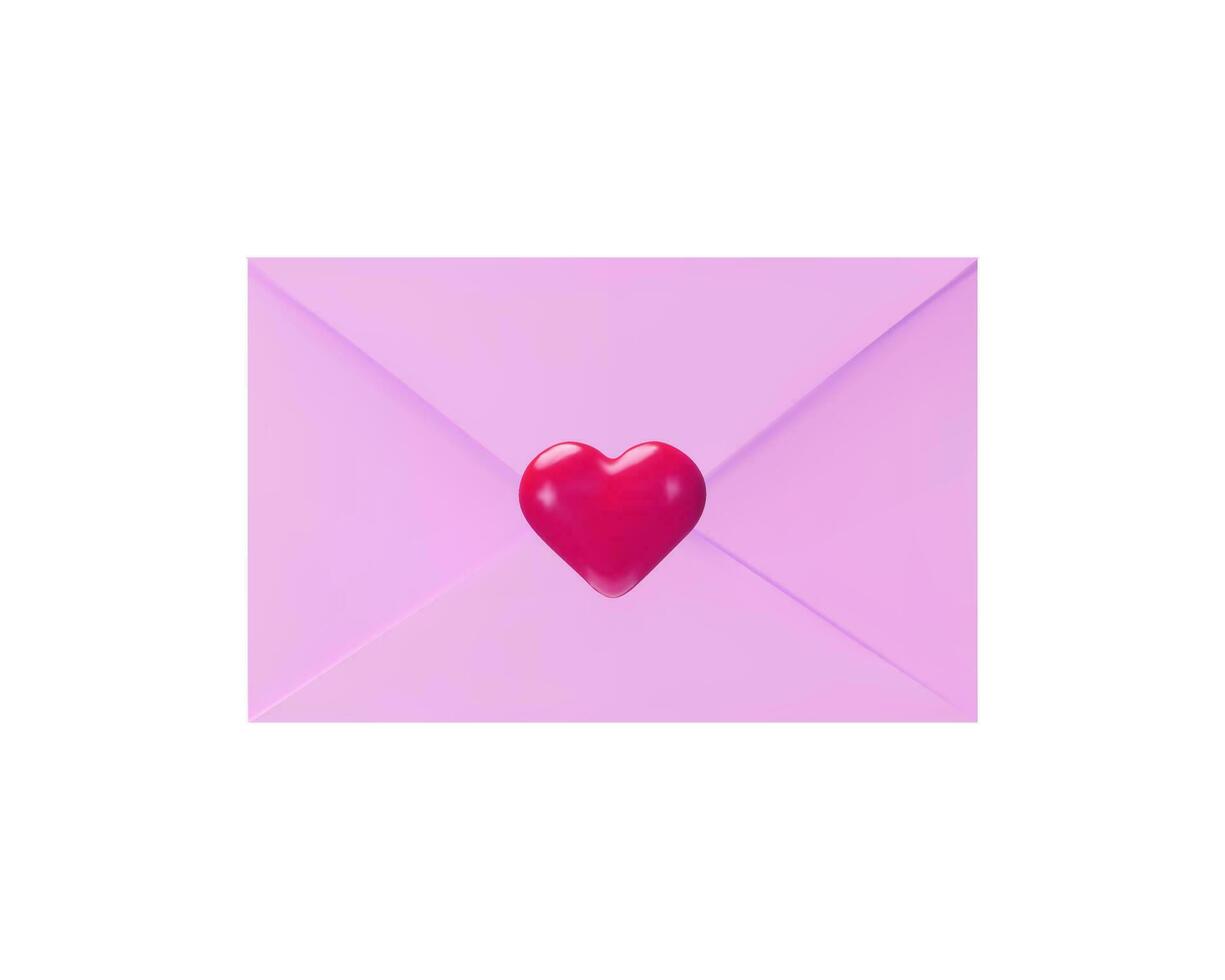 3d render pastel pink mail with heart. Realistic giving love email for Mother and Valentines Day greetings or invintation. Vector illustration in clay style. Romantic paper sign