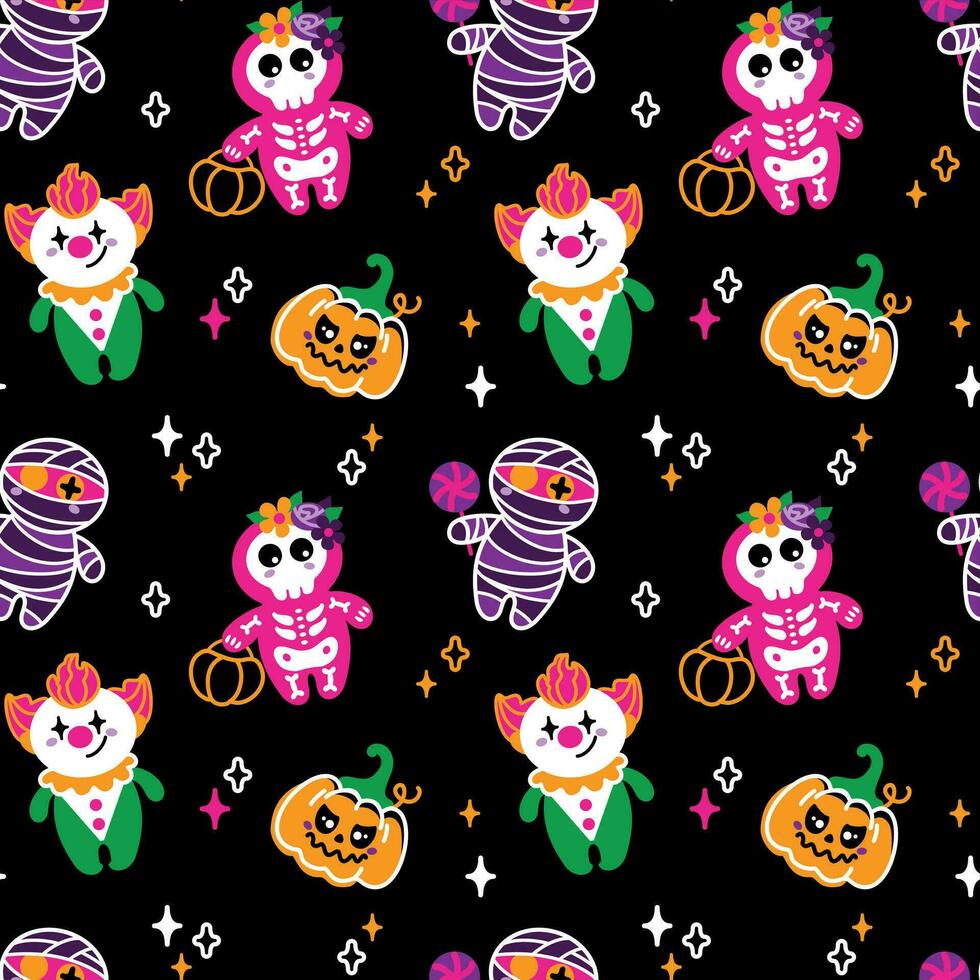 Children's Halloween characters. Happy Halloween. Seamless pattern on a black background. Vector. vector