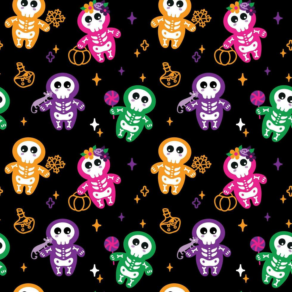 Children's Halloween characters. Happy Halloween. Seamless pattern on a black background. Vector. vector