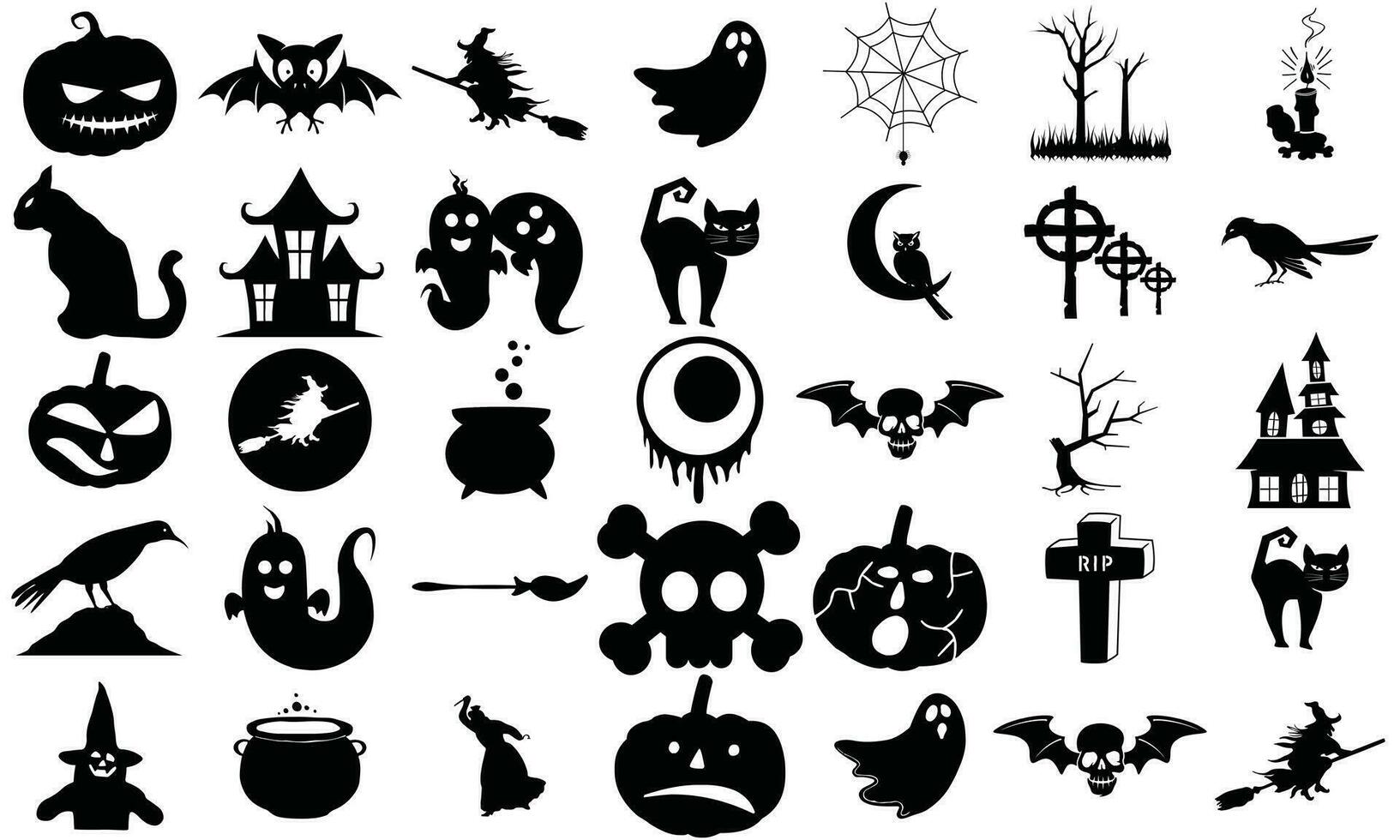 Set of silhouettes of Halloween on a white background. Vector illustration. Black Halloween Icon Set