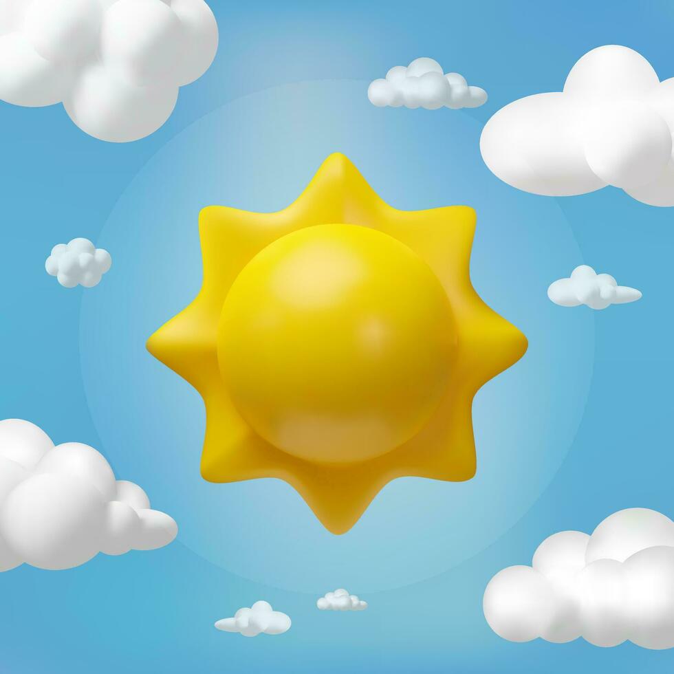 3D render sunny weather. Plastic Sun, blue sky and fluffy cloud