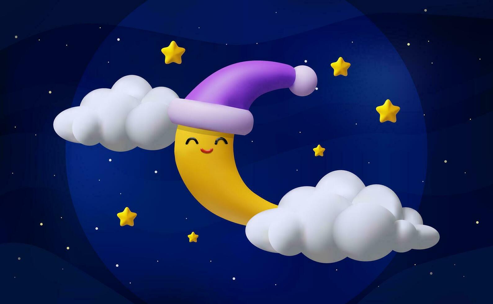 3D render moon night for kids room. Vector illustration cute cloud sky. Realistic space elements. Astronomy background in plastic style. Starry midnight with moonlight. Cartoon illustration dream