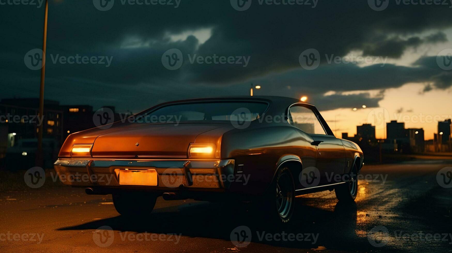 Vintage muscle car parked on the street at night. 80s styled synthwave retro scene with powerful drive in evening. Generated AI. photo