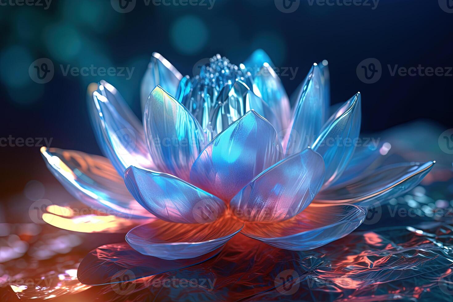 Magic lotus flower with shiny transparent leaves in mysterious esoteric scene. Generated AI. photo