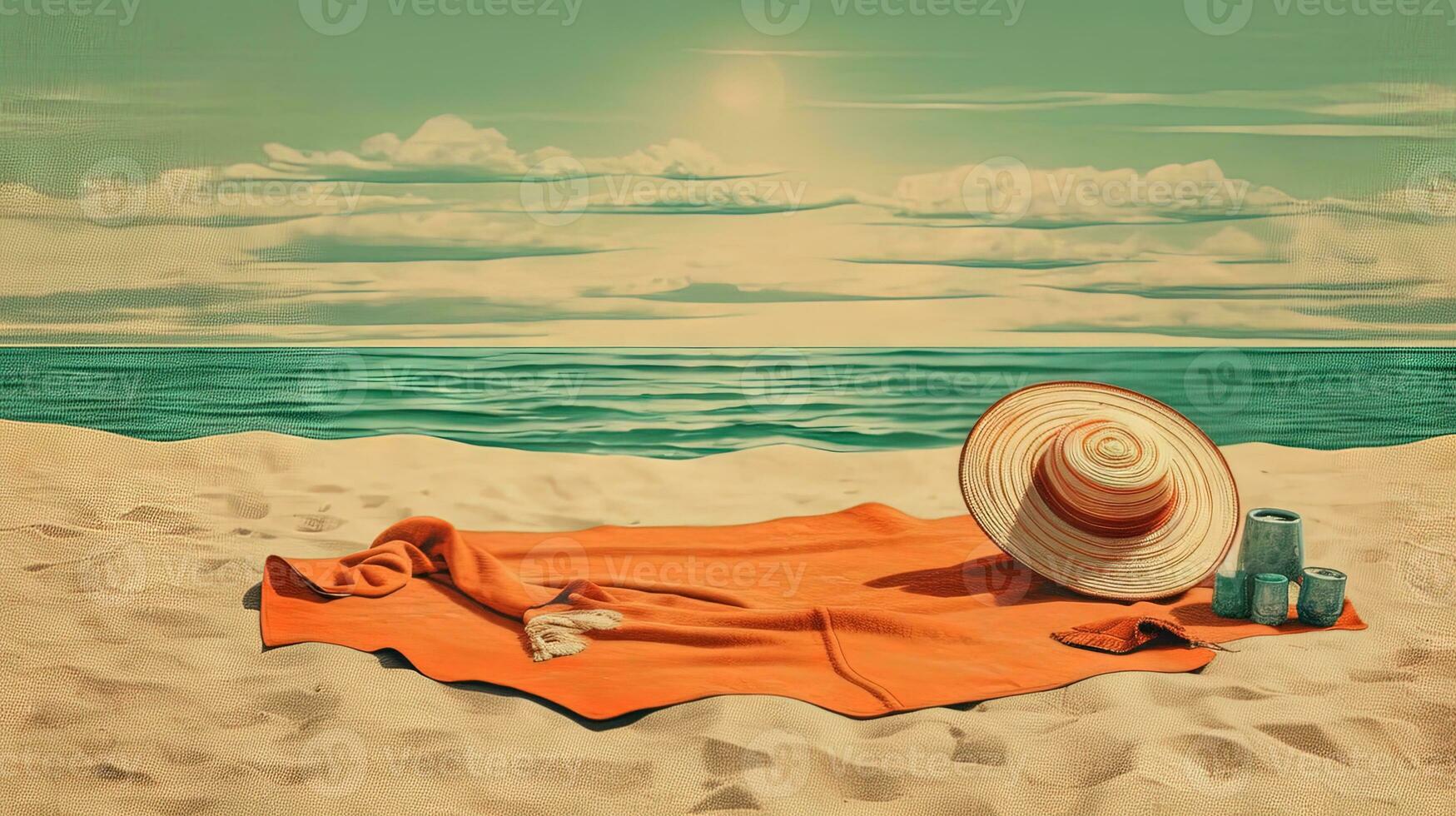 Hat and towel on the sand of the beach. Vacation scene with straw hat on the shore line. Generative AI. photo