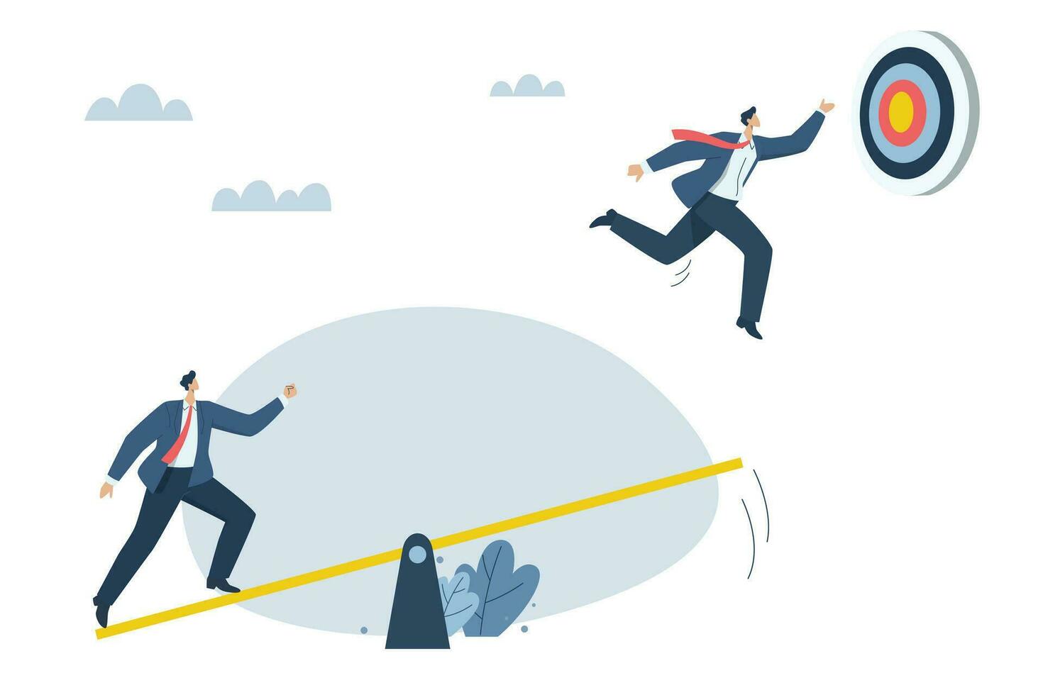 Effective teamwork, Businessman helping employee to reach ultimate goal, Promoting and growing in business, Businessman jumping from springboard to success goal. Vector design illustration.