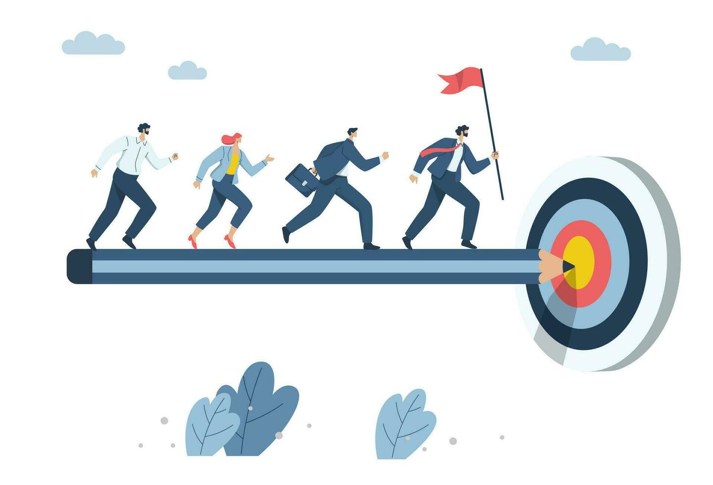 Effective teamwork, Successful business development, Success goals or career growth concept, Business team holding flags running on a pencil to the goal. Vector design illustration.