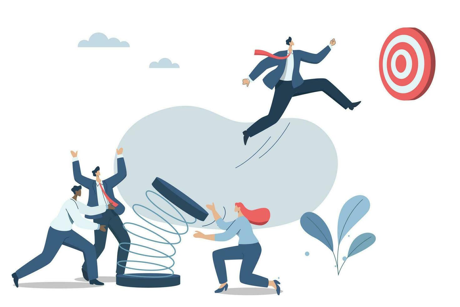 Effective teamwork, Teams helping employee to reach ultimate goal, Promoting and growing in business, Businessman jumping from springboard to success goal. Vector design illustration.