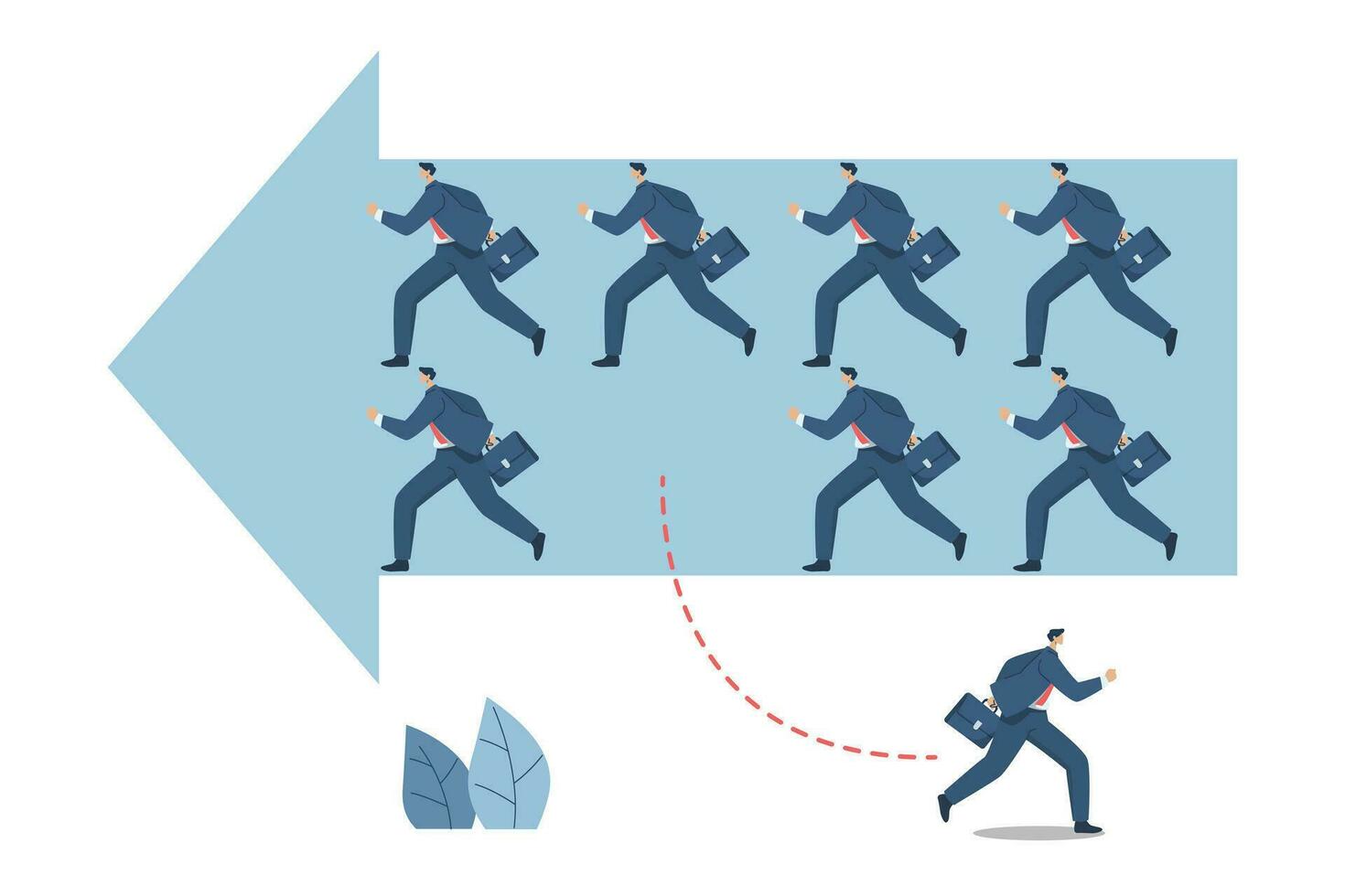 Think different, stand out from the crowd. businessman working with different business ideas Straight to success, with businessmen walking away from the pack symbol of difference and creative. vector