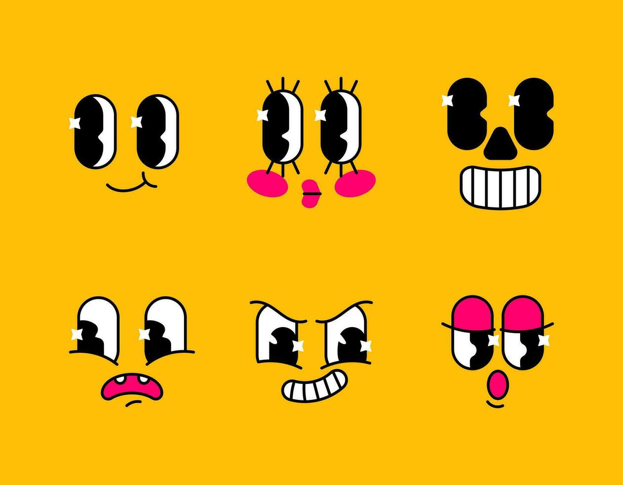 Vector set of funny faces cartoon characters retro 30s. Collection of emotions for your design. Contentment, embarrassment, joy, surprise, anxiety, anger, cunning, fatigue, sleepiness