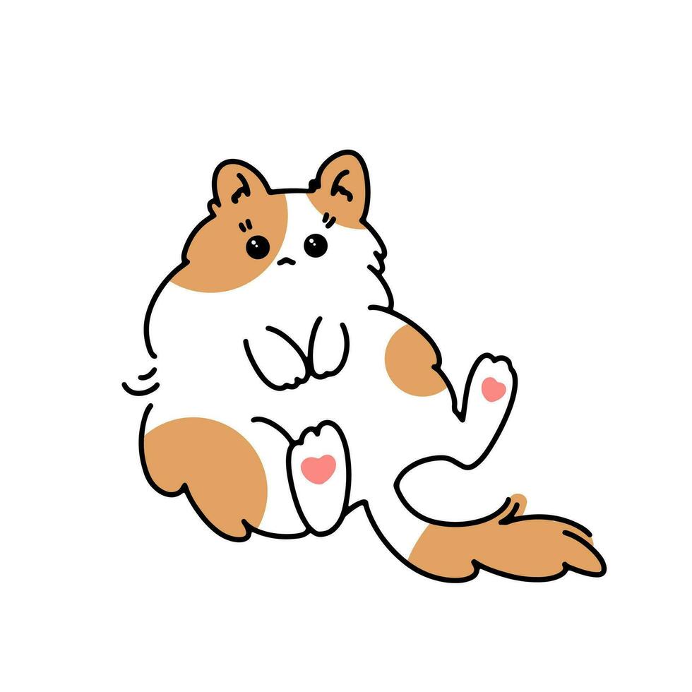 White fluffy cute kawaii cat sits in a funny pose. Vector minimalistic doodles.