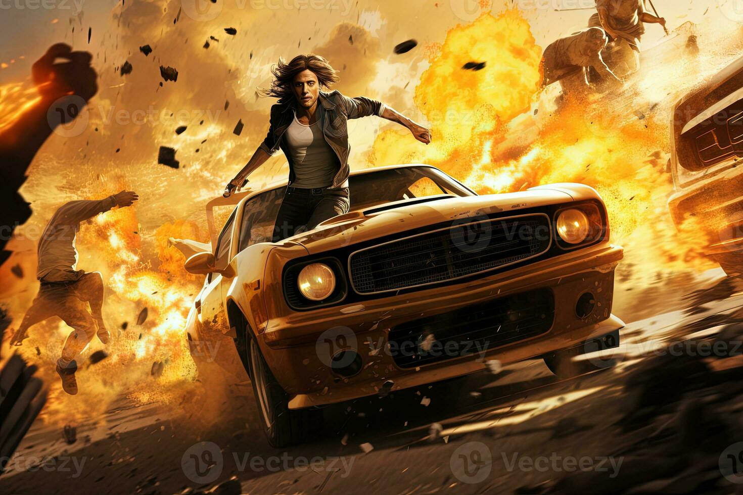 Action shot with man running away from explosion on car. Dynamic scene with fire in action movie blockbuster style. Generated AI. photo