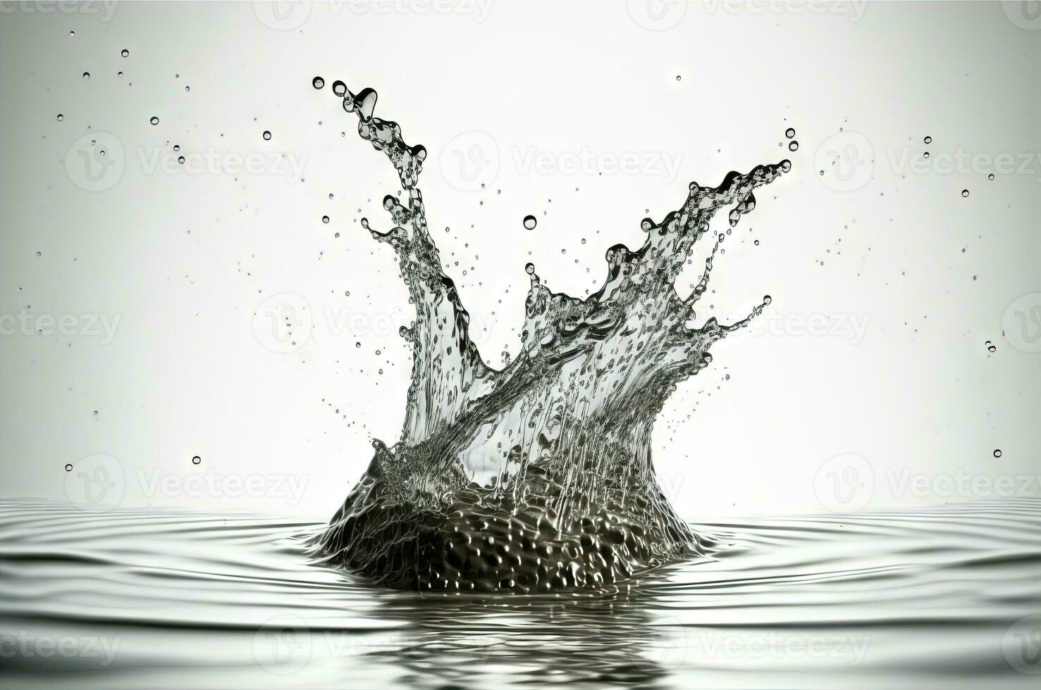 Water splash with beautiful drops flying away. Liquid motion background. Generated AI. photo