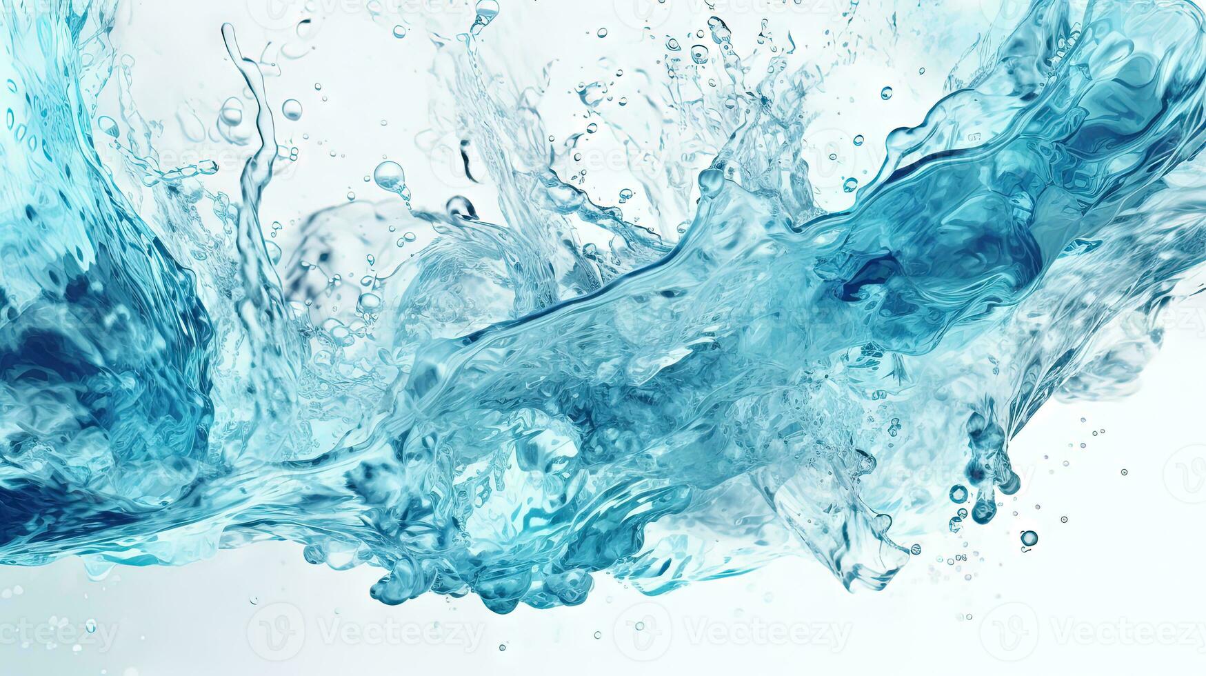 Blue water splash on white background. Liquid drips scattered. Generated AI. photo