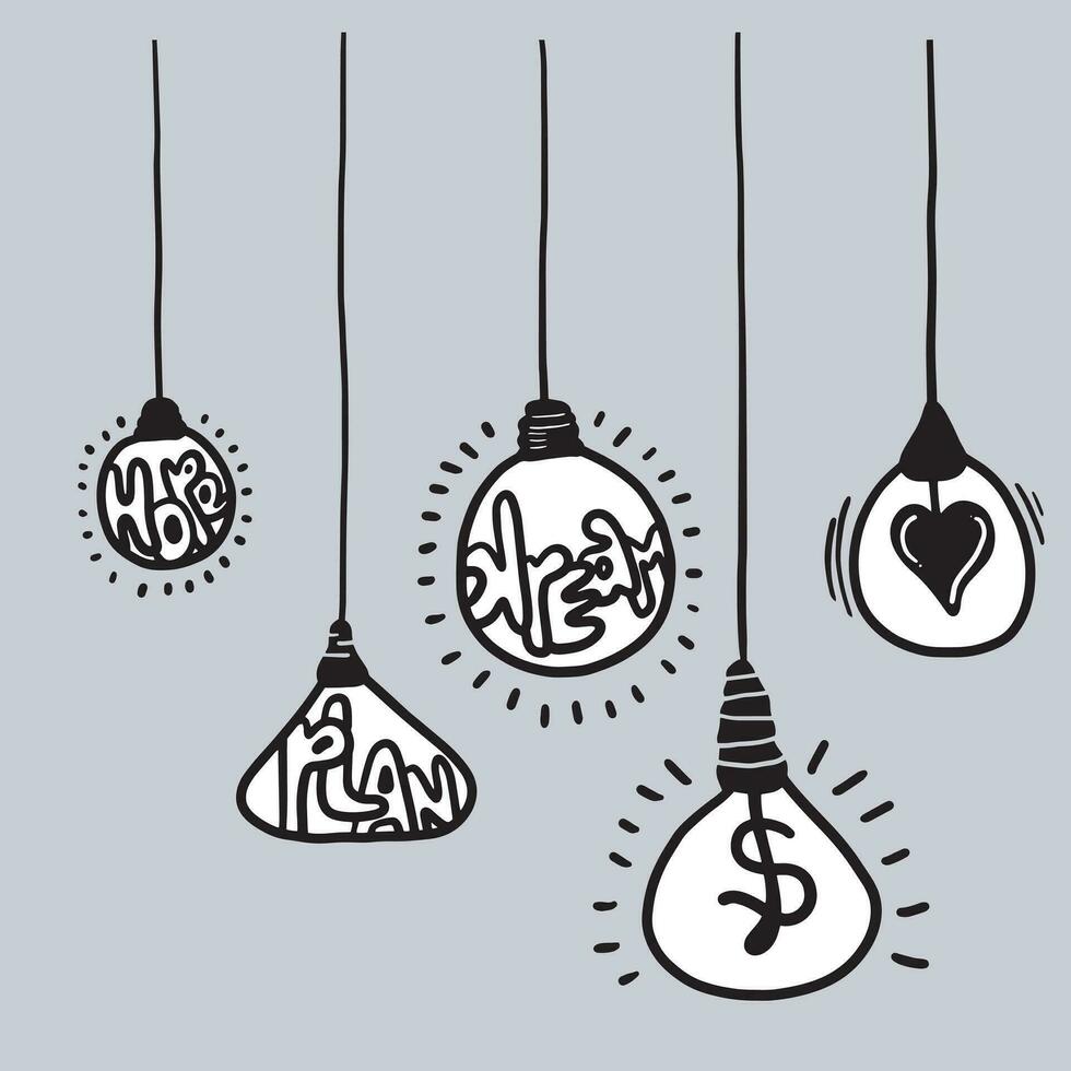 Hand drawn light bulb icons with concept of idea. Doodle style. Vector illustration.