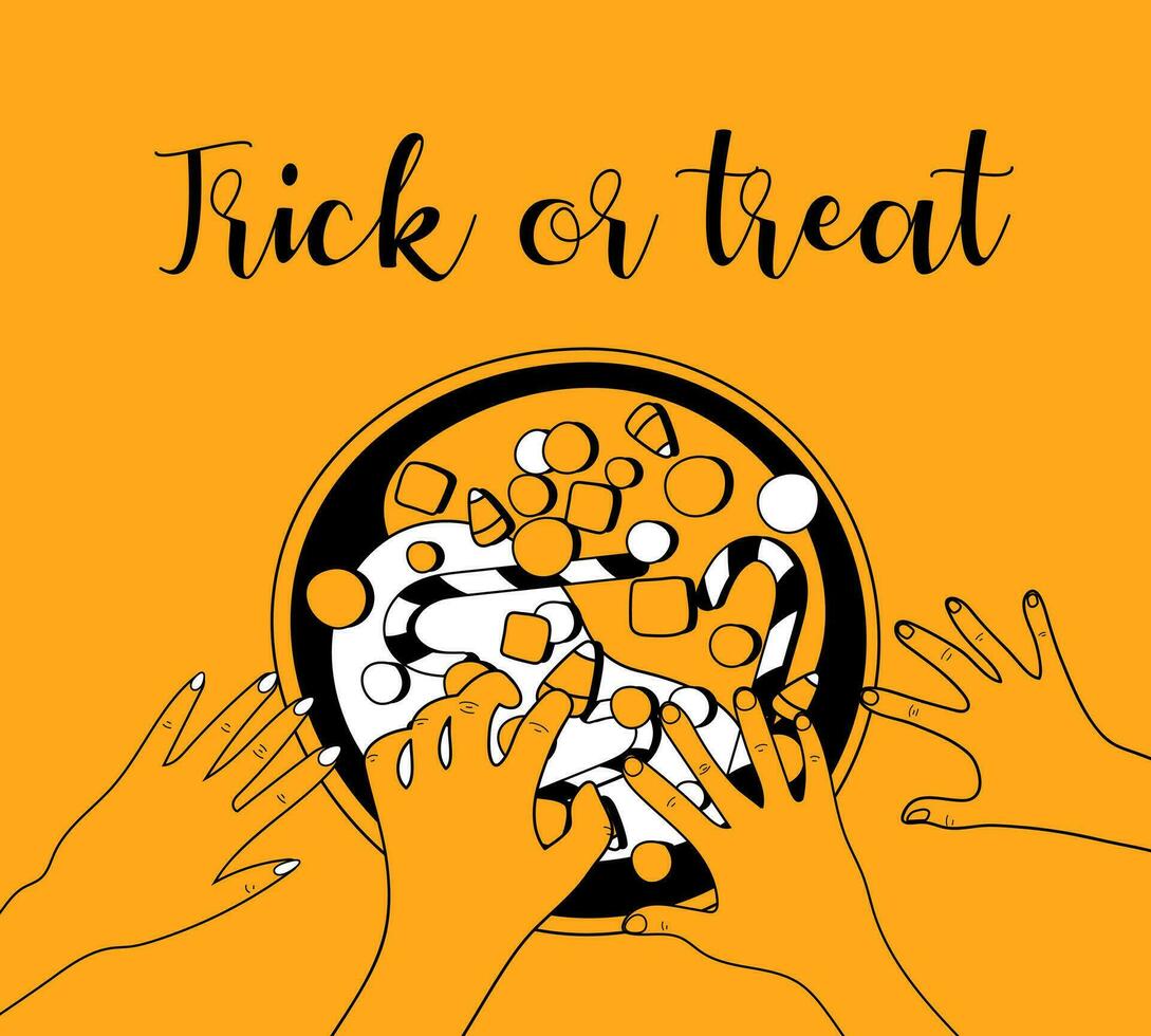 Trick or treat Halloween illustration. Vector orange, black and white illustration with hands taking candies from the bowl.