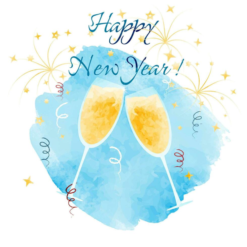 Glasses of champagne on the background of fireworks and serpentine. Watercolor vector greeting card for the new year.