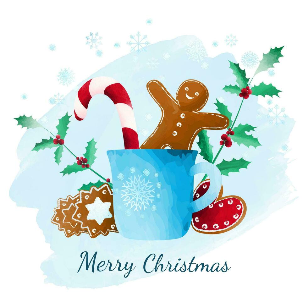 Christmas decorations, cup with hot chocolate and cookies. Greeting card, poster, flyer. Watercolor vector. vector