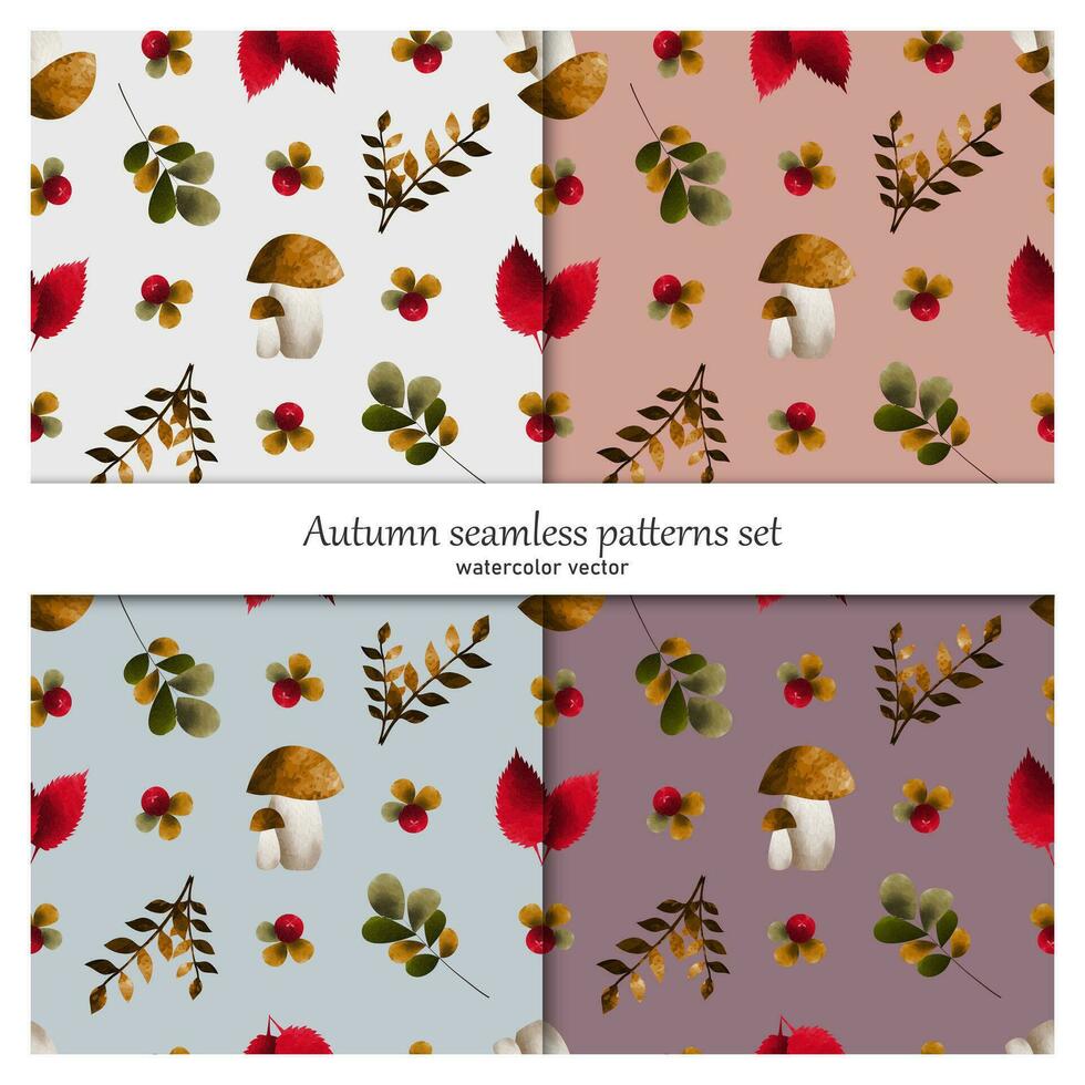 Set of seamless botanical patterns. Autumn leaves, mushrooms, berries. Watercolor vector. vector